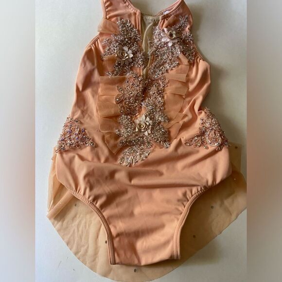 Glamour solo custom dance costume lyrical peach rhinestone mesh dress CXL adu XS - Picture 3 of 10
